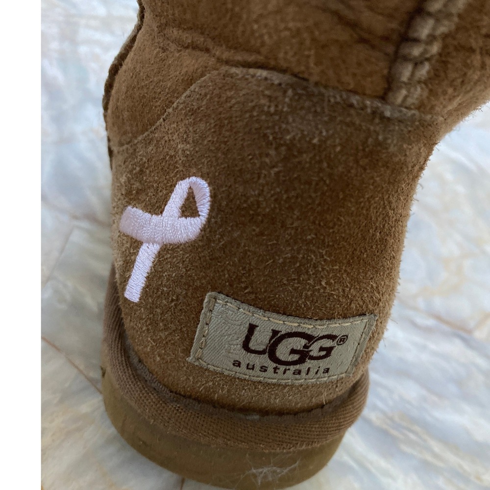 UGG Australia Classic Short Chestnut Suede Pink Ribbon Breast Cancer Boots - Picture 4 of 16
